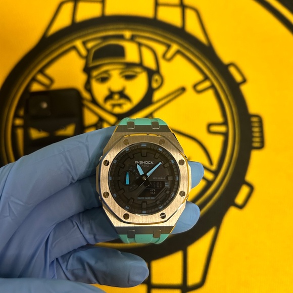 Casio G-Shock GA-2100 “CasiOak” – Silver Custom Bezel, Turquoise Strap, Analog-D - Picture 2 of 11
